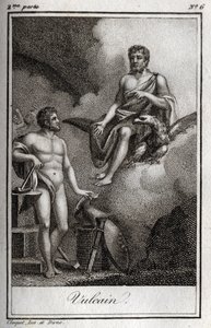 Darstellung von Vulkan, Gott des Feuers, der Schmiede und der Vulkane. Gravur aus 1819 in „Lettres à Emilie sur la mythologie“ von Charles Albert Demoustier (1760-1801). Private Sammlung