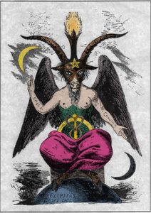 Darstellung des Baphomet: ein Monster mit einem Ziegenkopf und einem Frauenkörper mit alchemistischen Zitaten auf den Armen „solve“ und „coagula“, einem Laubbaum zwischen den Beinen und einem Pentagramm auf der Stirn. Der Teufel von Eliphas Levi (Alphonse 