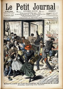 Raubüberfall auf ein Juweliergeschäft in Marseille durch die Apachen von Marseille. Gravur in der Schlagzeile des Petitionsjournals. von Anonymous Anonymous