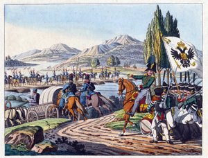 Die russische Armee überquert den Pruth-Fluss nach Moldawien im Mai 1828