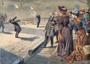 Russische Generäle Smyrnoff und Fock kämpfen im Duell. Gravur aus der Zeitung "Le Petit Parisien", 5.04.1908. Private Sammlung.