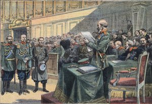 Russisch-Japanischer Krieg: Epilog der Belagerung von Port Arthur. Verurteilung von General Stoessel, General Fock wurde gerügt und die Generäle Reiss und Smyrnoff freigesprochen. Gravur aus der Zeitung 