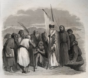 Saint Athanasius von Alexandria (Athanasius der Große) (295-373) besucht die Einsiedler Ägyptens. Gravur von 1846 in „Lives of the saints“. Private Sammlung.
