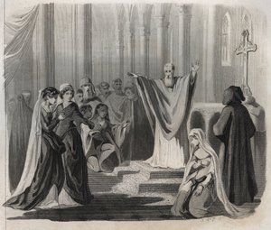Saint Dunstan (ca. 909-988), Bischof von Canterbury, Benediktiner und Reformator des klösterlichen Lebens in England, kündigt seinen bevorstehenden Tod an. Gravur von 1846 in „Lives of the saints“. Private Sammlung.