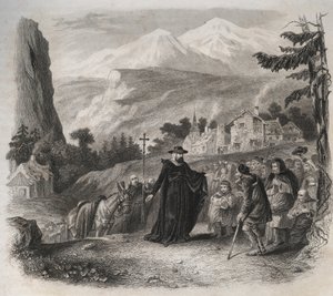 Der heilige Franz von Sales (1567-1622), Bischof von Genf, auf einer Pastoralreise. Gravur von 1846 in „Lives of the saints“. Private Sammlung