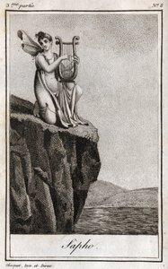 Sappho (7. Jahrhundert v. Chr.), griechische Dichterin der Antike. Gravur aus 1819 in „Lettres à Emilie sur la mythologie“ von Charles Albert Demoustier (1760-1801). Private Sammlung