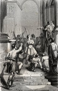 Saturnin von Toulouse (Saint Sernin, erster christlicher Bischof von Toulouse) (3. Jahrhundert) wurde am Kapitol von Toulouse festgenommen - Gravur von 1846 in „Lives des saints“. Private Sammlung.
