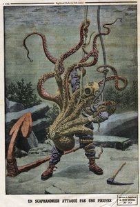 Taucher von einem Oktopus angegriffen. Gravur in „Le Petit Journal“, am 16.06.1912. Private Sammlung.