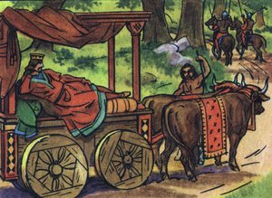 Szene, die die faulen Könige darstellt: König von Frankreich Thierry III. (673-691) wird in einem Wagen mit einem Bett von Ochsen gezogen. Anonyme Illustration in „Collection des souverains et chefs d
