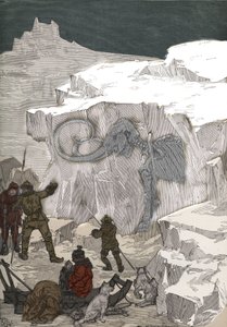 Suche nach Mammut-Fossilien-Elfenbein in Sibirien im 19. Jahrhundert. Gravur von 1885 in „Les arts et métiers illustrés“ von Adolphe Bitard.