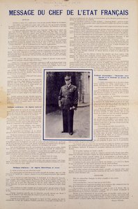 Zweiter Weltkrieg und Vichy-Regime: Botschaft des französischen Staatschefs Philippe Pétain, veröffentlicht nach dem von Frankreich im Juni 1940 unterzeichneten Waffenstillstand und Vorstellung des Programms der Nationalen Revolution, Herbst 1940 von Anonymous Anonymous