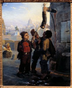 Kleiner Schornsteinfeger, der Wasser aus einer Pumpe am Quai du Louvre schöpft
