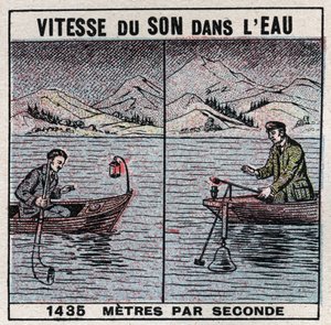 Schallenergie: Schallgeschwindigkeit im Wasser. Experiment von 1826-1827 von Jean Daniel (Jean-Daniel) Colladon (1802-1893) und Charles Francois Sturm (1803-1855) auf dem Genfersee (Lac Léman). Zwei Boote, die 14 km voneinander entfernt festgemacht sind, e von Anonymous Anonymous
