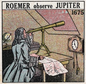 Lichtgeschwindigkeit: Der dänische Astronom Ole Christensen Romer beobachtet 1675-1676 die Finsternisse der Jupitermonde und nutzt sie zur Messung der Lichtgeschwindigkeit. Anonyme Illustration von 1925. Private Sammlung