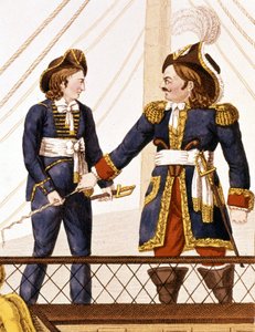 Surcouf an Bord seines Bootes Emile. Populärer Stich, frühes 19. Jahrhundert, Paris