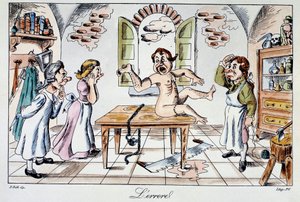 Chirurgischer Fehler: ein satirischer Aufkleber, der die Risiken darstellt, denen Patienten ausgesetzt sind, die in die Hände schlechter Ärzte geraten, ein Beispiel für eine Armtransplantation anstelle des Beins. Gravur des 19. Jahrhunderts Privatsammlung von Anonymous Anonymous