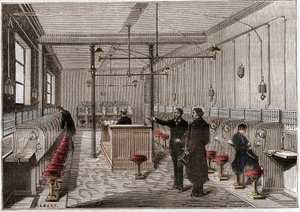 Telefonzentrale nach dem Edison Gower-Bell-System der Telekommunikation - erste zentrale Telefonzentrale in Paris im Jahr 1879 - System des Amerikaners Frederick Gower - Gravur in „La nature“ von 1880