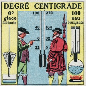 Temperatur und Ausdehnung: Grad Celsius. Vergleich zwischen Grad Fahrenheit und Grad Celsius. Anonyme Illustration von 1925. Private Sammlung.