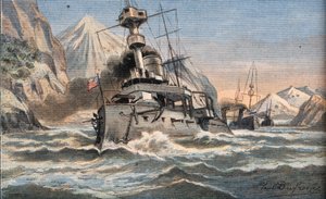 Die amerikanische Flotte in der Magellanstraße. Gravur aus der Zeitung 