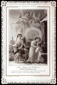 Die Weihnachtskommunion. Die Messe der Morgendämmerung. Geburt Jesu in unseren Herzen. Frommes Bild. Gezackte Postkarte. Privatsammlung von Anonymous Anonymous