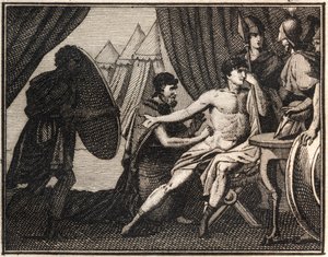 Der Tod von Epaminondas (nach der Schlacht gegen die Spartaner bei Mantineia 362 v. Chr.). Gravur aus „The Rollin of Youth or Selected Pieces of Ancient and Roman Stories“ 1816. Private Sammlung