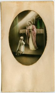 Die Eucharistie, Heilige Kommunion, das Sakrament des Altars: ein Kind vor Jesus (Gravur) von Anonymous Anonymous