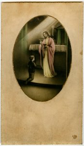 Die Eucharistie, Heilige Kommunion, das Sakrament des Altars: ein Kind vor Jesus (Gravur) von Anonymous Anonymous