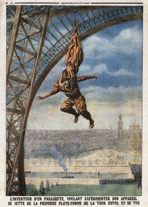 Der französische Schneider österreichischer Herkunft Franz (oder François) Reichelt (1879-1912), Erfinder eines Fallschirms, der sein Fluggerät ausprobieren will, stürzt sich von der ersten Plattform des Eiffelturms und tötet sich. Gravur in „Le Petit Jour