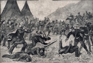 Der Indianeraufstand in den Vereinigten Staaten: ein Kampf zwischen Sioux-Indianern und amerikanischen Truppen. Gravur in „Le petit Parisien“ von 1891. Private Sammlung.