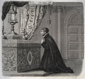 Der italienische Jesuit Louis de Gonzague (San Luigi Gonzaga) (1568-1591) im Gebet. Gravur von 1846 in „Lives of the saints“. Private Sammlung