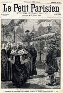 Das Jubiläum der Königin von England Victoria: der Lord Mayor von London Horatio Davies (1819-1901) und seine Stadträte empfangen die Königin in der Stadt. In „Le Petit Parisien“ am 27.06.1897
