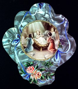 Die Geburt Christi. Das Jesuskind umgeben von Engeln. Andachtsbild. Gezackte Postkarte. Private Sammlung von Anonymous Anonymous