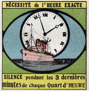 Die T.S.F.: erfordert die genaue Zeit. Stille für die letzten 3 Minuten jeder Viertelstunde. Anonyme Illustration von 1925. Private Sammlung.