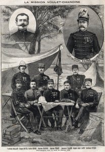 Die Voulet-Chanoine-Mission, französische Expedition zur kolonialen Eroberung des Tschad: Porträt von Leutnant Octave Meynier (1874-1961) und Oberst Arsène Klobb (1857-1899) mit unten links nach rechts: Leutnant Joalland, Sergeant Boutel, Doktor