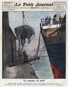 Die Ankunft eines Elefanten per Boot, der von einem zoologischen Garten nach dem Krieg erworben wurde. Illustration aus „Le petit journal illustrious“ vom 20.11.1921. Private Sammlung