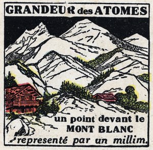 Das Atom und die Wissenschaft: die Größe der Atome. Ein Punkt vor dem Mont Blanc dargestellt durch einen Millimeter. Anonyme Illustration von 1925. Private Sammlung.