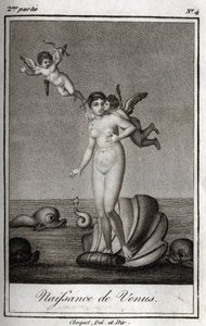 Die Geburt der Venus. Gravur von 1819 in „Lettres à Emilie sur la mythologie“ von Charles Albert Demoustier (1760-1801). Private Sammlung.