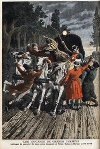 Die Straßenräuber: der Angriff auf die Lyon-Post zwischen Lieusaint und Melun (Seine-et-Marne) im April 1796. Gravur in „Le Petite Journal“