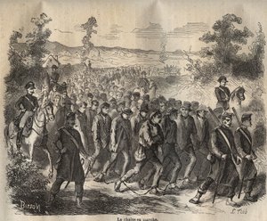 Die Kette begann im Toulon Bagne im 19. Jahrhundert. Gravur in „Histoire des bagnes depuis leur création à nos jours“ (1877) von Pierre Zaccone. Private Sammlung.