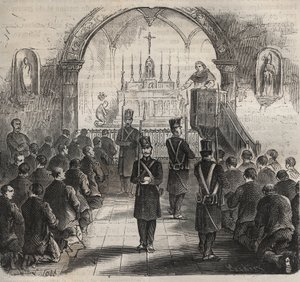 Die Kapelle des Toulon-Bagne im 19. Jahrhundert. Gravur in „Histoire des bagnes depuis leur création à nos jours“ (1877) von Pierre Zaccone (1817-1895). Private Sammlung. von Anonymous Anonymous