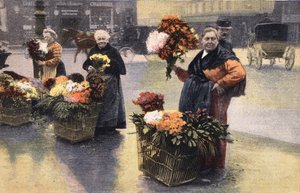 Die Chrysanthemen-Party: Chrysanthemenhändler auf der Straße. Gravur. Eine der Zeitungen "Le petit parisien" vom 20.11.1910. Private Sammlung. von Anonymous Anonymous