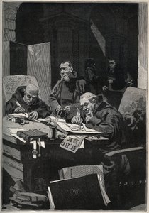 Der Chrysograph: Mönche, die im Mittelalter goldene Buchstaben illuminieren. Gravur von 1885 in „Les arts et métiers illustrés“ von Adolphe Bitard. von Anonymous Anonymous
