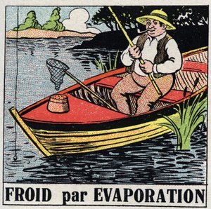 Die Kälteindustrie: Kälte durch Verdunstung. Ein Fischer in seinem Boot bleibt kühl dank der Verdunstung des Flusswassers. Anonyme Illustration von 1925. Private Sammlung.