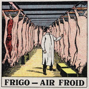 Die Kälteindustrie: Lagerung von Fleisch in Kühlschränken. Anonyme Illustration von 1925. Private Sammlung von Anonymous Anonymous