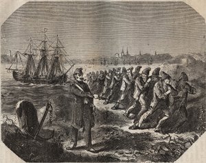 Die Cordelle (Arbeit großer Anstrengung) im Bagne de Rochefort im 19. Jahrhundert. Gravur in „Histoire des bagnes depuis leur création à nos jours“ (1877) von Pierre Zaccone (1817-1895).