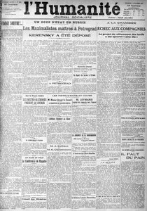 Der Putsch in Russland auf den Titelseiten der sozialistischen Zeitung Humanity. Schlagzeilen: Die Maximalisten in Petrograd, Kerensky wurde abgesetzt, 9.11.1917 von Anonymous Anonymous