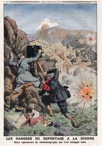 Die Gefahren der Berichterstattung im Krieg: „zwei Korrespondentenreporter in Kriegsgebieten riskieren ihr Leben“ Illustration aus „Le Petity Journal“ 03/11/1912 Private Sammlung.