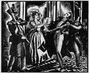Der Tod des Herzogs von Berry (1778-1820) am 13.02.1820 an der Königlichen Musikakademie. Der Neffe von König Ludwig XVIII. wird an der Oper von Louvel, einem Republikaner, der die königliche Dynastie auslöschen will, ermordet. Illustration aus „Le Petit J