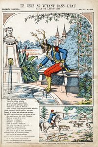 Der Hirsch sieht sich im Wasser. Anonyme Illustration für Les Fables von Jean de La Fontaine (1621-1695). Bilddruck von Pont-à-Mousson, ca. 1880. Private Sammlung.
