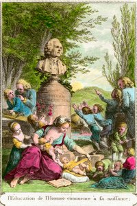 Die Erziehung des Menschen beginnt bei seiner Geburt: Mütter mit ihren Kindern, neben einer Büste zu Ehren des Schweizer Philosophen Jean Jacques Rousseau (1712-1778). Gravur des 18. Jahrhunderts Privatsammlung